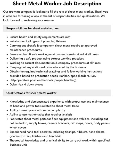 sheet metal fabrication helper job description with competencies|Sheet Metal Worker Job Description Template .